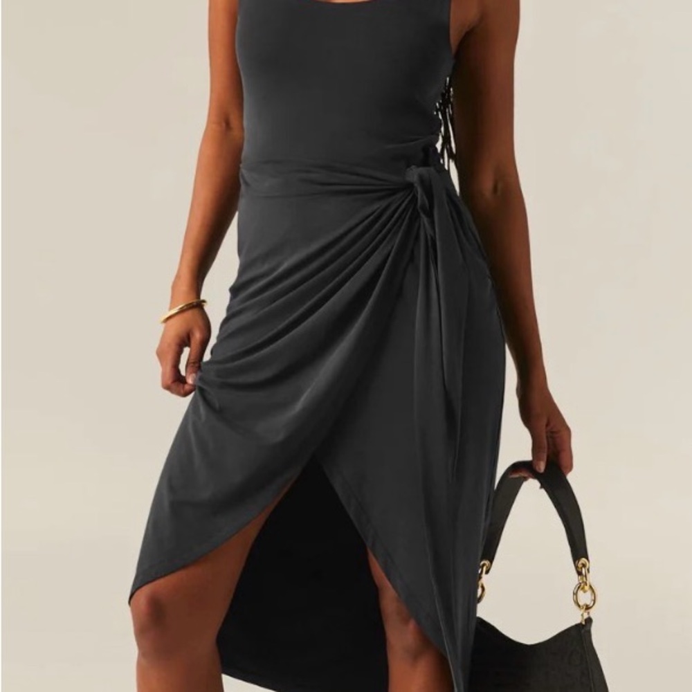 Beyond Yoga Intrigue Washed Black Wrap-Front Midi Dress